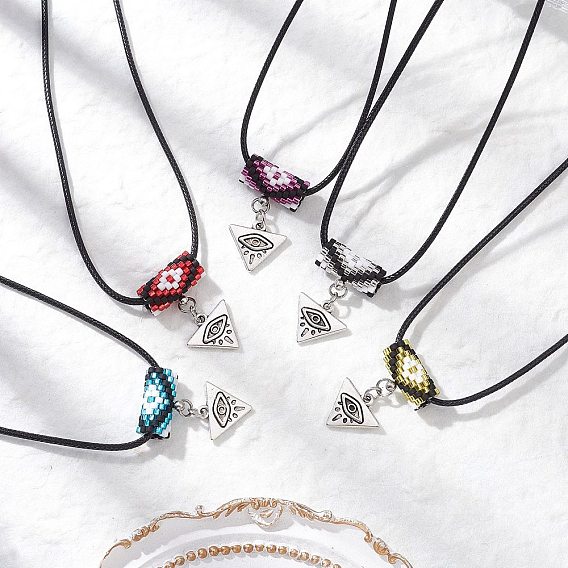 Ожерелья из стеклянных бусин и сплава с подвесками в виде треугольников от сглаза, ожерелья из черного вощеного хлопкового шнура для женщин, античное серебро