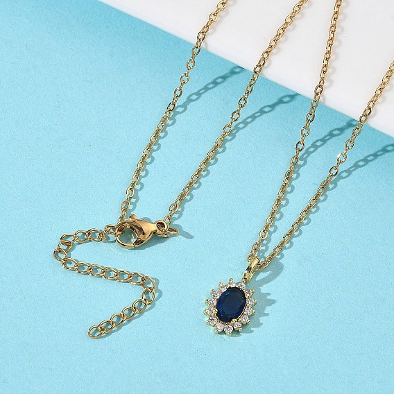 Латунный овальный кулон с прозрачными и синими кубическими цирконами 304 цепочки из нержавеющей стали для женщин, вакуумное покрытие pvd