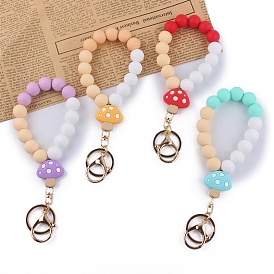 Porte-clés de bracelet perlé en silicone champignon, avec les accessoires en fer, pour les femmes clé de voiture ou décoration de sac