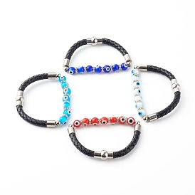 Handmade Lampwork Evil Eye Beaded Bracelets, with Cowhide Leather Cord, Brass Rhinestone Spacer Beads and Magnetic Clasp