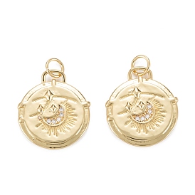 Brass Micro Pave Clear Cubic Zirconia Pendants, with Jump Ring, Long-Lasting Plated, Lead Free & Cadmium Free, Flat Round with Star & Moon Pattern