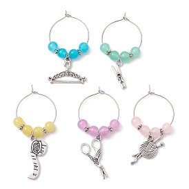 Tibetan Style Sewing Theme Alloy Wine Glass Charms, with Baking Painted Imitation Jade Glass Round Beads, Mixed Shapes