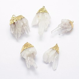 Natural Druzy Quartz Crystal Pendants, with Brass Finding, Golden, Nuggets