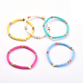 Bracelets extensibles faits main en pâte polymère heishi, avec perles en laiton en forme de cœur et perles d'espacement en alliage
