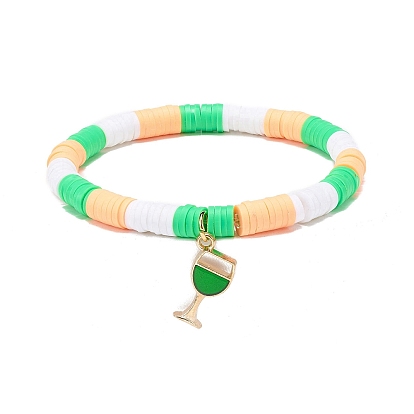 Saint Patrick's Day Freshwater Pearl & Handmade Polymer Clay Heishi Stretch Bracelets Sets, Clover & Wine Cup Alloy Enamel Charm Bracelets for Women
