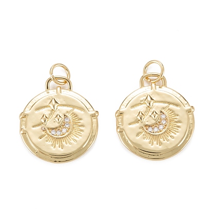 Brass Micro Pave Clear Cubic Zirconia Pendants, with Jump Ring, Long-Lasting Plated, Lead Free & Cadmium Free, Flat Round with Star & Moon Pattern