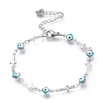 304 Stainless Steel Link Bracelets, with Enamel and Lobster Claw Clasps, Rhombus with Evil Eye & Cross, Stainless Steel Color