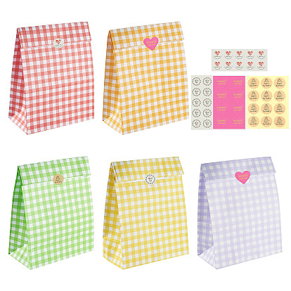 20Pcs 5 Colors Rectangle with Tartan Pattern Paper Bags, No Handle, for Gift & Food Bags, with 4 Styles Self-Adhesive Kraft Paper Gift Tag Stickers