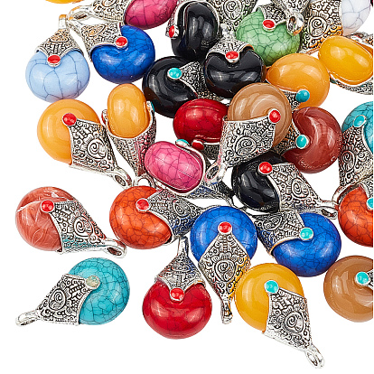 Tibetan Style Resin Pendants, with Alloy & Enamel, Teardrop, Antique Silver