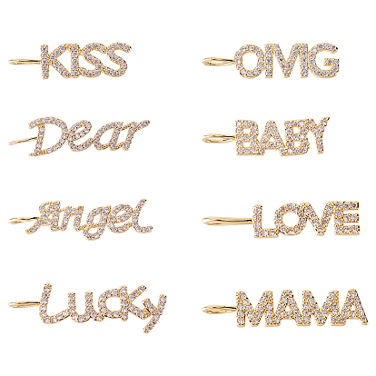 8Pcs 8 Styles Brass Micro Pave Clear Cubic Zirconia Pendants, Long-Lasting Plated, Word, Real 18K Gold Plated