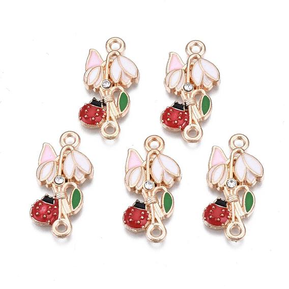 Alloy Rhinestone Links Connectors, with Enamel, Flower with Ladybird, Golden