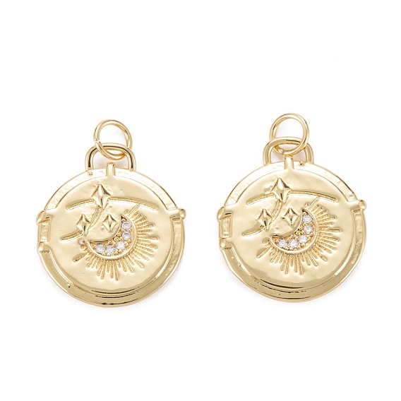 Brass Micro Pave Clear Cubic Zirconia Pendants, with Jump Ring, Long-Lasting Plated, Lead Free & Cadmium Free, Flat Round with Star & Moon Pattern