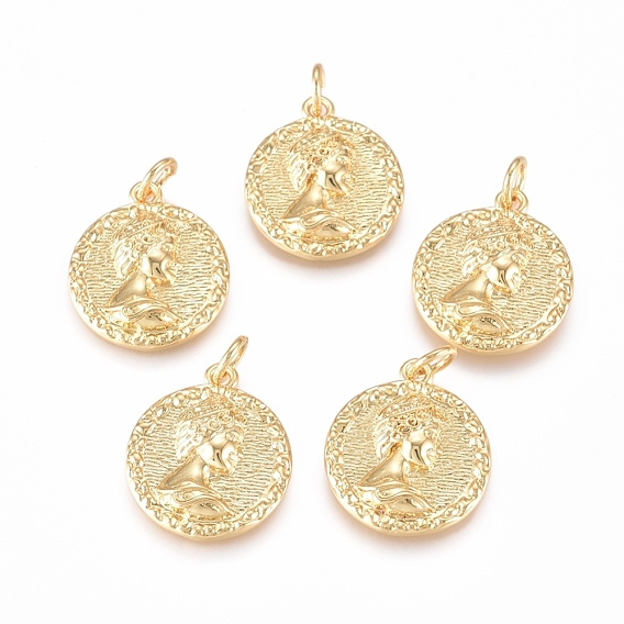 Messing Anhänger & Charms, mit Ringe springen, flache Runde mit Frau