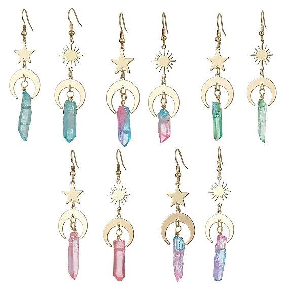 Moon & Star & Sun Brass Asymmetrical Earrings, Dyed Natural Quartz Crystal Nugget Long Dangle Earrings