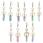 Moon & Star & Sun Brass Asymmetrical Earrings, Dyed Natural Quartz Crystal Nugget Long Dangle Earrings
