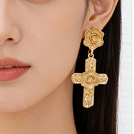 Винтажные серьги-гвоздики из цинкового сплава, крест с цветком