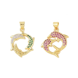 Brass Micro Pave Cubic Zirconia Pendants, Real 18K Gold Plated, Dolphin