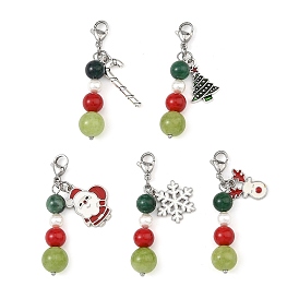 Natural Fuchsite & Dyed Mashan Jade & Dyed Malaysia Jade & Shell Pearl Pendant Decorations, with Christmas Alloy Enamel Pendants