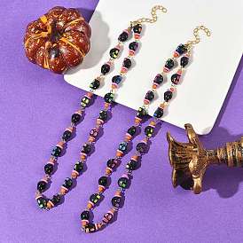 Halloween Skull Acrylic Beaded Necklaces, with Glass Seed Beads and Handmade Polymer Clay, Golden