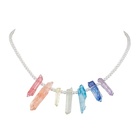 Ожерелья-нагрудники в виде пули из окрашенного натурального кварца с кракле и кристаллами, с жемчугом из ракушек из бисера
