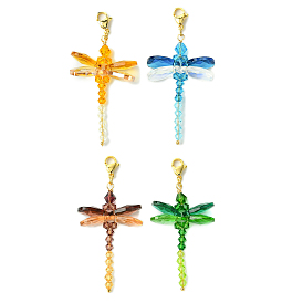 4Pcs 4 Colors Dragonfly Glass Pendant Decoration, 304 Stainless Steel Lobster Claw Clasps Charms for Bag Ornaments