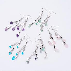 Gemstone Beads Dangle Earrings, with Iron Findings and Brass Earring Hooks, Platinum