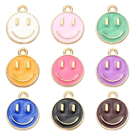 18Pcs 9 Colors Alloy Enamel Charms, Flat Round with Smiling Face
