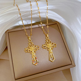 Delicate Cross Pendant Necklace with Subtle Inlaid Diamonds - Elegant Collarbone Accessory.