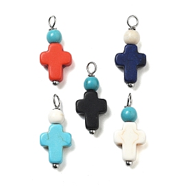 Dyed Synthetic Turquoise Pendants, Cross Charms with Platinum Plated Brass Loops