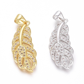 Brass Micro Pave Clear Cubic Zirconia Pendants, Feather