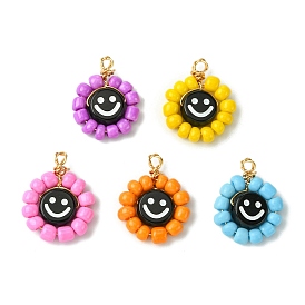 Acrylic Glass Seed Beaded Pendants, with Golden Brass Findings, Flat Round with Smiling Face