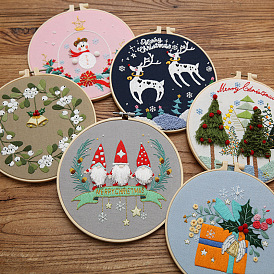 Christmas Theme Gnome/Bell/Snowman Embroidery Starter Kits, including Embroidery Fabric & Thread, Needle, Instruction Sheet, Plastic Embroidery Hoop