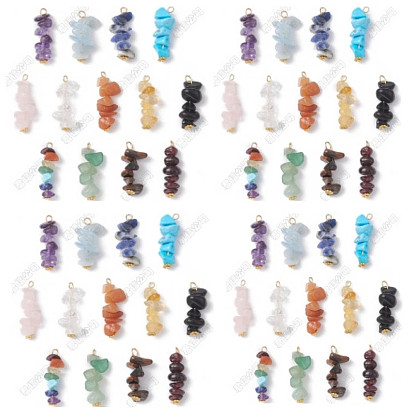 52Pcs 13 Styles Natural Mixed Gemstone Chip Pendants, with Golden Tone 304 Stainless Steel Loops