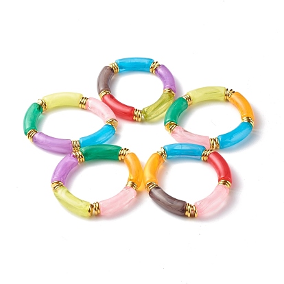 Imitation Gemstone Acrylic Curved Tube Beads Stretch Bracelets, Brass Beads