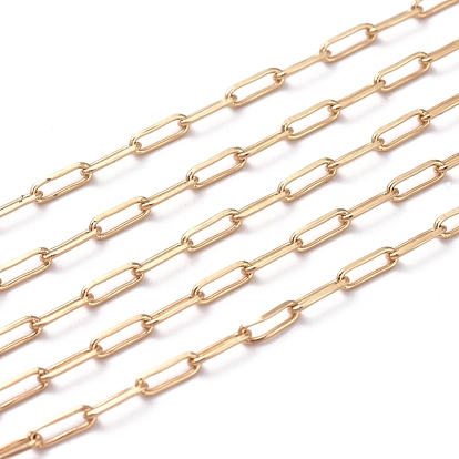 Soldered Brass Paperclip Chains, Drawn Elongated Cable Chains, Long-Lasting Plated, Real 18K Gold Plated, with Spool