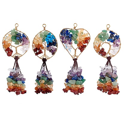 1 Sets Natural & Synthetic Gemstone Chip Big Pendants, with Copper Wire Wrapped and Coconut Brown Braided Nylon Thread, Mixed Dyed and Undyed, Flat Round & Heart with Tree