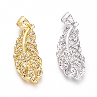 Brass Micro Pave Clear Cubic Zirconia Pendants, Feather