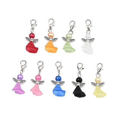 54 pcs décorations de pendentif en acrylique, ange, avec des fermoirs mousquetons en alliage de zinc et des imitations de perles en plastique ABS
