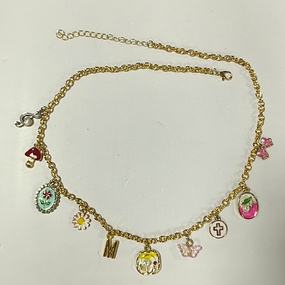 Iron Pendant Necklaces, with Alloy Enamel Pendants, Golden