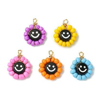 Подвески из акрилового стекла с бусинами, с фурнитурой позолоченной латунной, плоские круглые с улыбающееся лицо