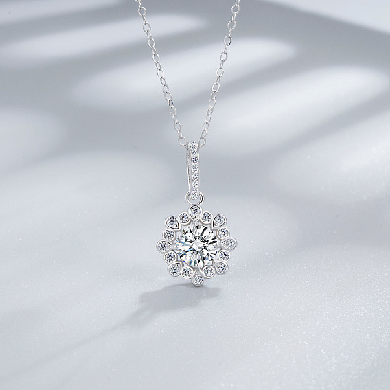 Цветок 925 стерлингового серебра паве кубические цирконии кулон ожерелья для женщин, платина, родий