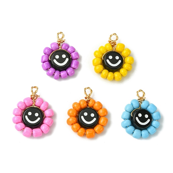 Подвески из акрилового стекла с бусинами, с фурнитурой позолоченной латунной, плоские круглые с улыбающееся лицо