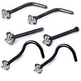 6Pcs 6 Style Clear Cubic Zirconia Nose Studs, 316 Surgical Stainless Steel Fishtail & L-shape & Nose Bone Rings, Nose Piercing Jewelry for Women