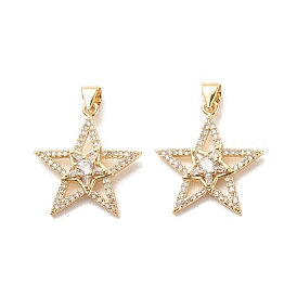 Brass Micro Pave Clear Cubic Zirconia Pendants, Cadmium Free & Lead Free, Star