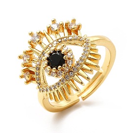 Black Glass Evil Eye Adjustable Ring with Cubic Zirconia, Brass Jewelry for Women