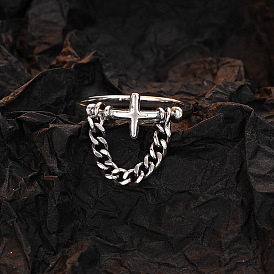 Vintage Hip-hop Style S925 Silver Cross Ring with Chain - Unisex Thai Silver Band