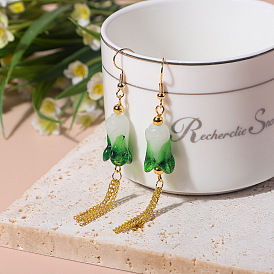 Lampwork main dangle boucles d'oreilles, fleur, boucles d'oreilles pendantes en alliage pour femmes, or