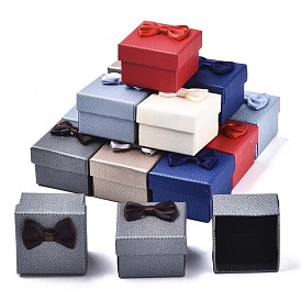 Cardboard Ring Boxes, with Bowknot Ribbon Outside and Black Sponge Inside, Square