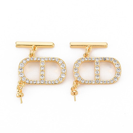 Fermoirs à bascule en laiton micro pavé zircone cubique transparente, pour perle à moitié percée, sans nickel, ovale et barre