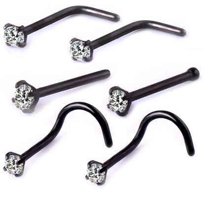 6Pcs 6 Style Clear Cubic Zirconia Nose Studs, 316 Surgical Stainless Steel Fishtail & L-shape & Nose Bone Rings, Nose Piercing Jewelry for Women